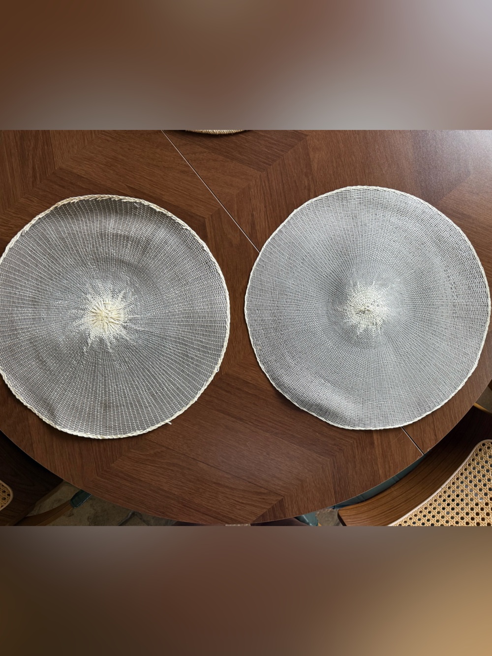 Set of 2 Gray Cream Woven Round Placemats Coastal Boho Table Decor 15”